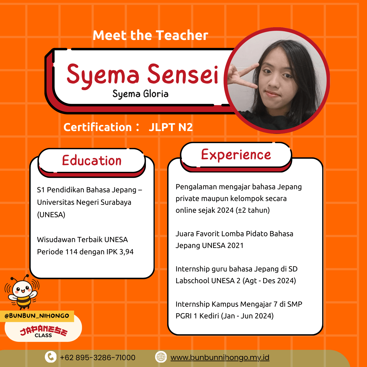 Profil Syema Sensei — Founder Bunbun Nihongo, JLPT N2, S1 Pendidikan Bahasa Jepang UNESA